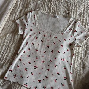 White Cherry Print Ribbed Top